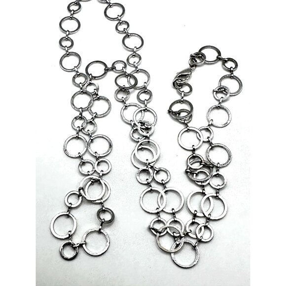 Circled Silver Tone Long Chain Necklace 34" Modernist Geometric Rings - Picture 3 of 6